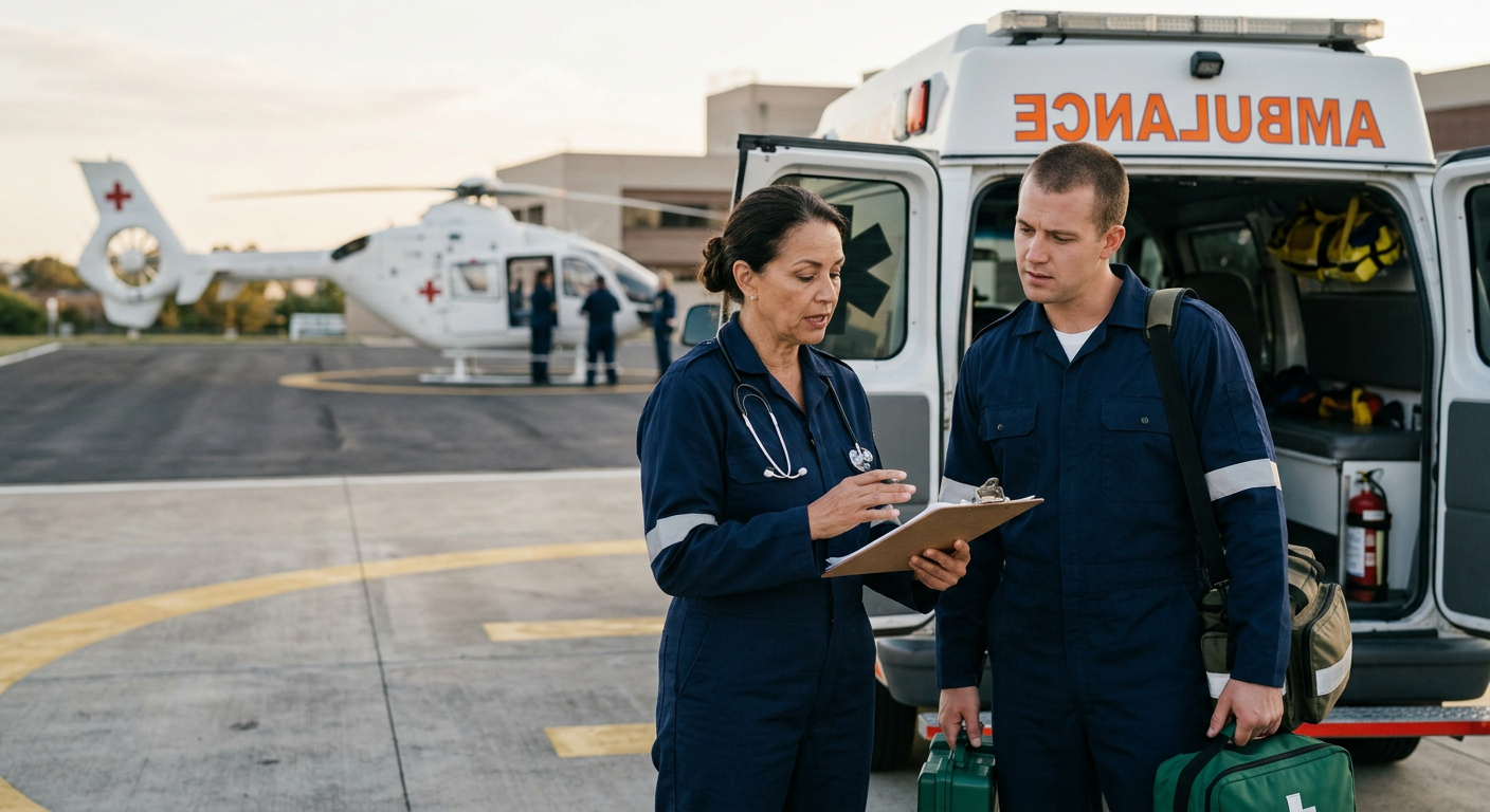 Equipo médico coordinando junto a una ambulancia terrestre y un helicóptero